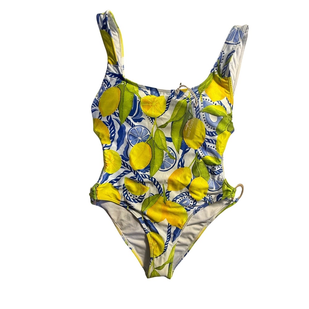 Watercolors by Kenny Flowers Lemon Print One Piece Swimsuit Gold Rings M-2297